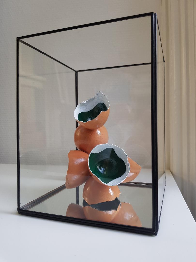 Marije van Rijswijk Ei sculptuur € 85.- incl. vitrine
